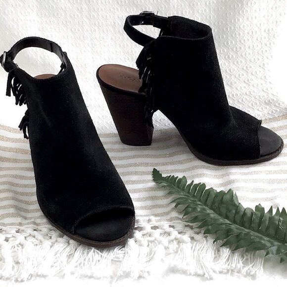 Lucky Brand LANTAU Black Fringe Suede Boho Chic Block Heel Ankle Bootie Sandals - Picture 2 of 15